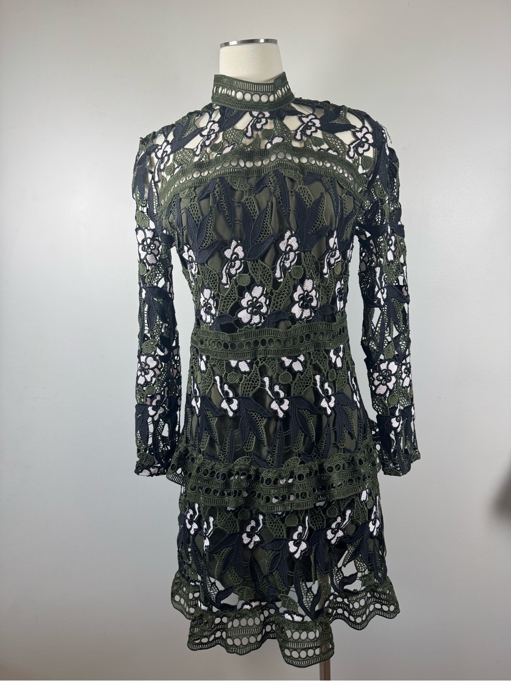 Ipekyol Turkey Olive Green Lace Floral Long-Sleeve Women's Dress Large